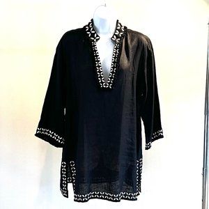 Tory Burch New Black Linen Embroidered Long Sleeve Tunic Size Small
